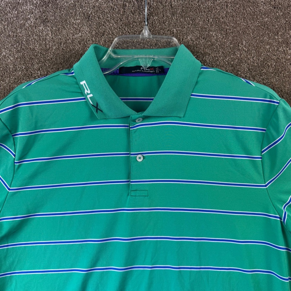 RLX Ralph Lauren Mens Green Striped Performance Golf Polo Shirt Large Logo